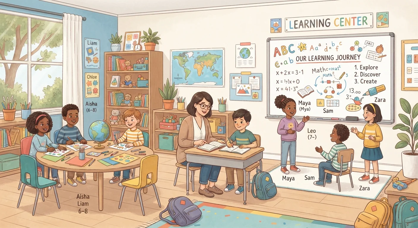 Three educational support settings shown side by side: group after-school program, private tutoring, and learning center