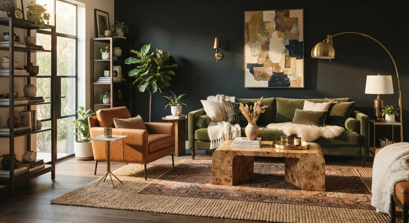 A well-decorated living room demonstrating layered textures, mixed metals, and balanced furniture scale