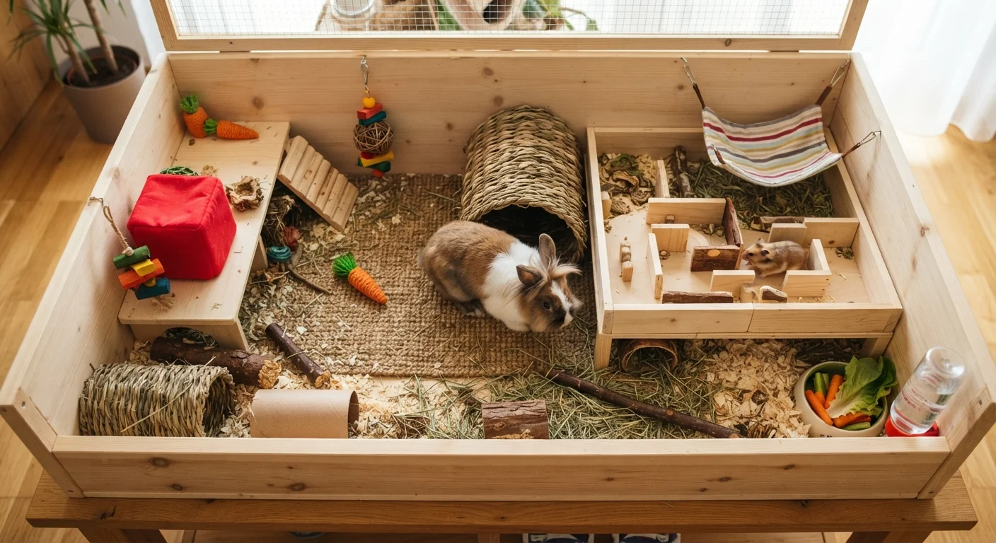 Small pets including a rabbit and hamster exploring enrichment toys and tunnels in their habitats.