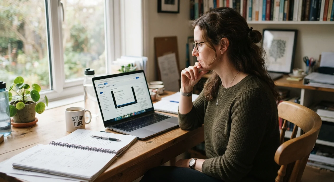 Adult learner carefully evaluating an online course page on a laptop at a desk