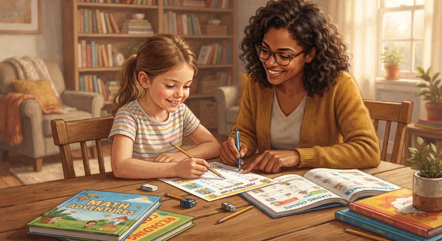 A child and tutor working together at a table with books and worksheets.