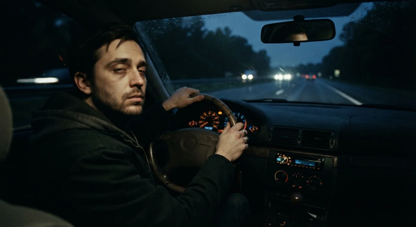Driver with heavy, unfocused eyes gripping steering wheel at night with blurred road ahead