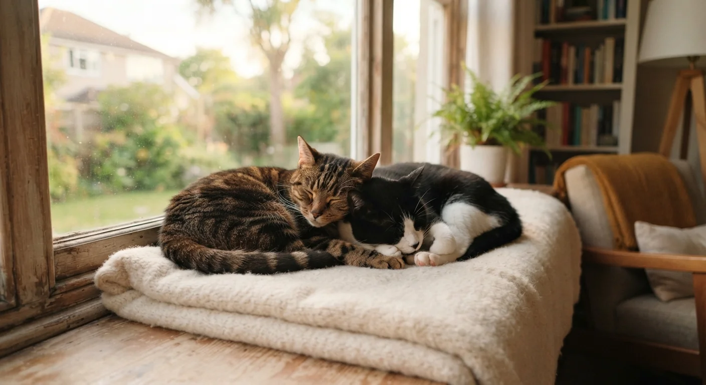 Two cats resting calmly together on a shared window perch in a sunny home