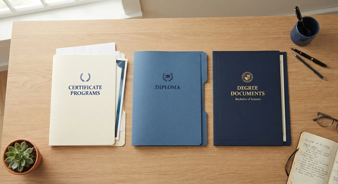 Three labeled credential folders representing certificate, diploma, and degree on a desk