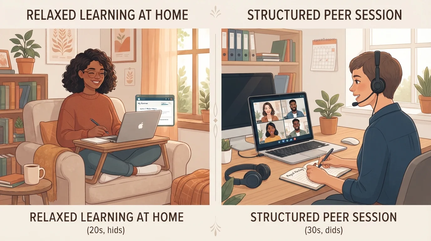 Two adults learning online — one independently at home, one in a live group video session