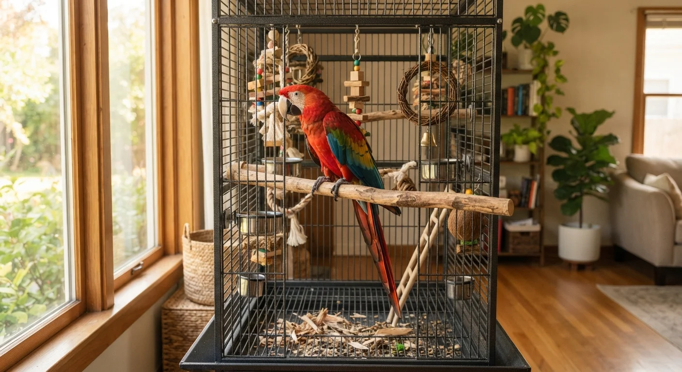A vibrant pet parrot perched inside a large, enriched cage with natural wood perches and toys