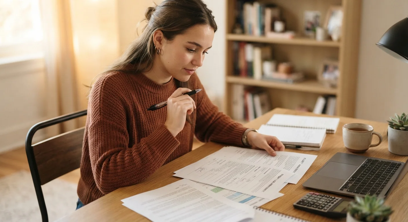 A student carefully reviewing student loan documents at a desk before signing.