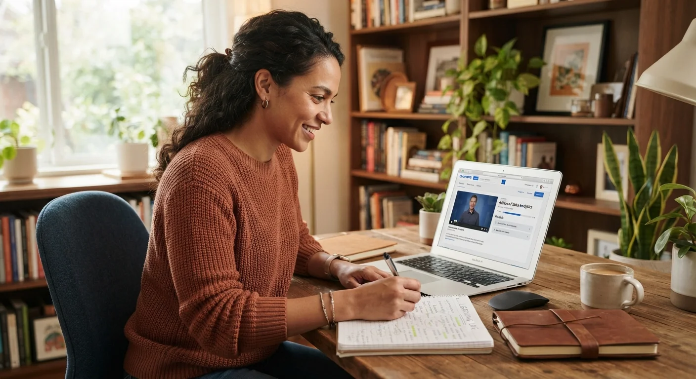 Adult professional studying an online course on a laptop at a home office desk