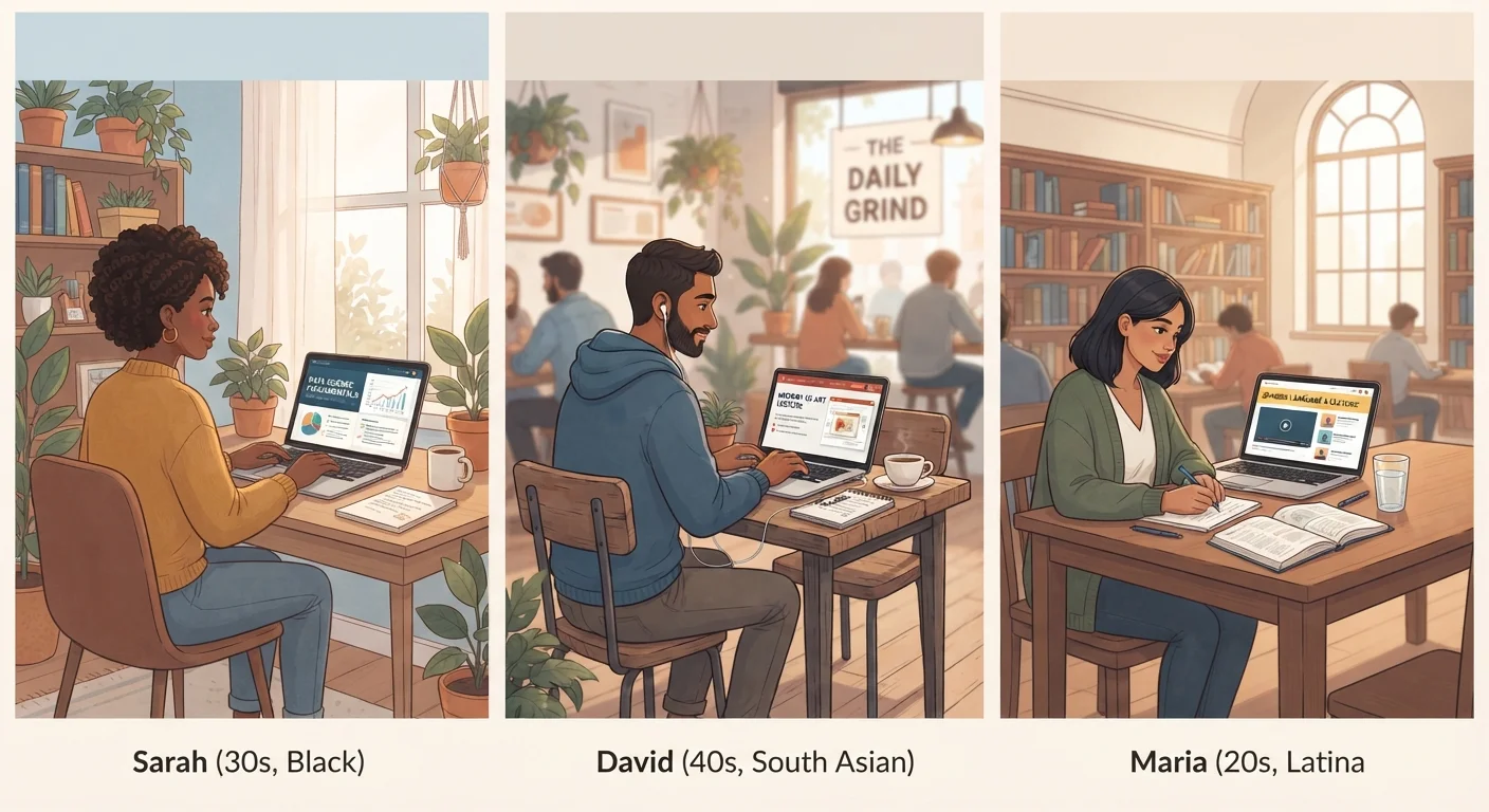 Adults in various settings learning on laptops, representing the flexibility of MOOCs