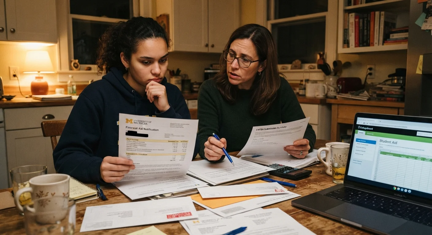 A family reviewing college financial aid award letters at a kitchen table with a laptop