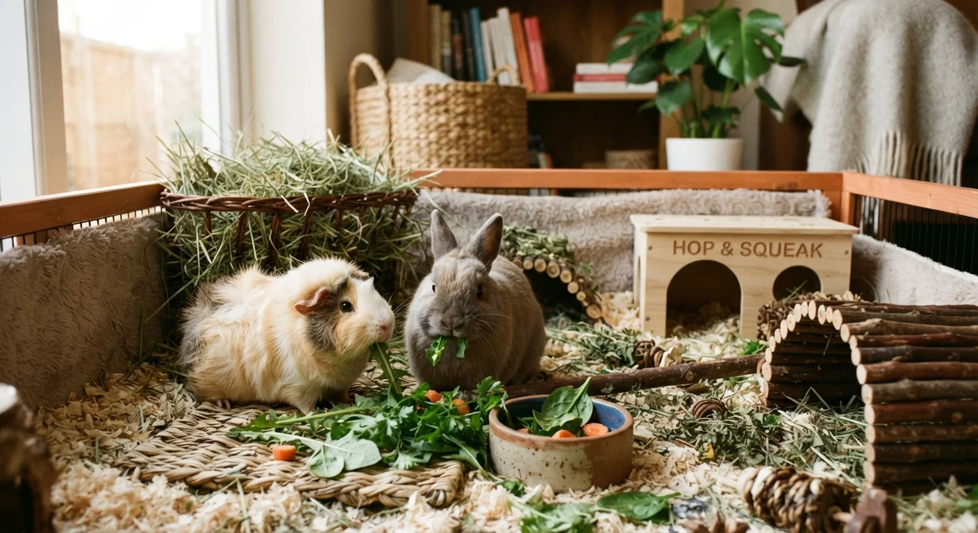 A guinea pig and rabbit in a well-equipped, enriched enclosure with hay and fresh vegetables