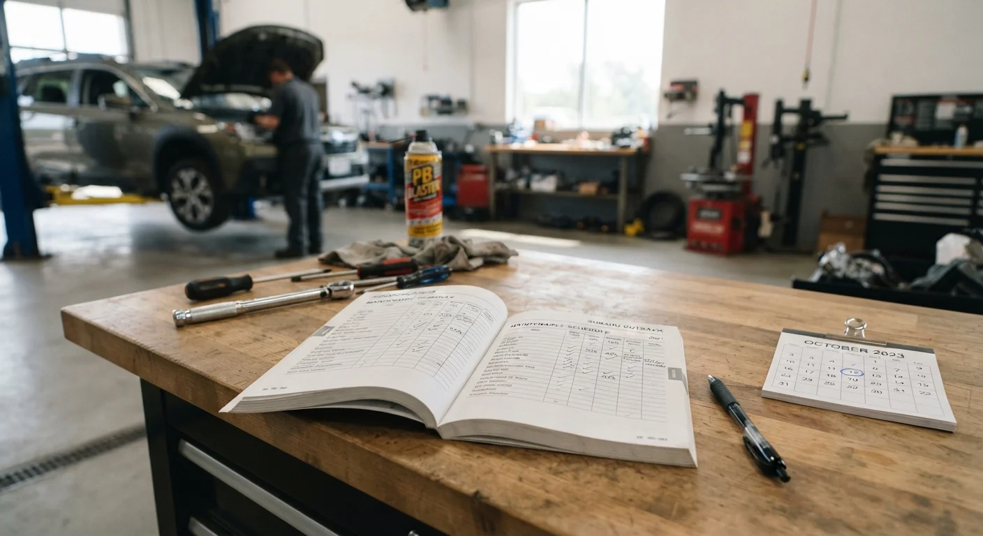 Open car owner's manual showing a maintenance schedule chart on a garage workbench
